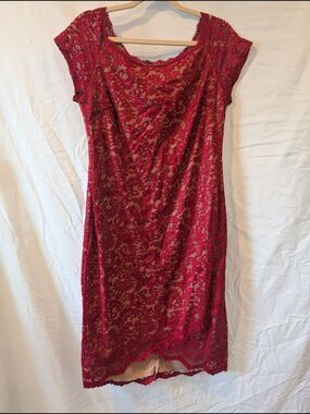 Bisou Bisou Red Lace nude overlay stretch Midi Dress 16 cocktail‎ wedding guest